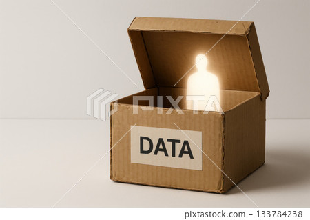 A cardboard box with the inscription DATA and a luminous figure inside. Space for text. 133784238
