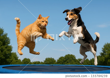 Jumping cat and dog on a trampoline. 133784239