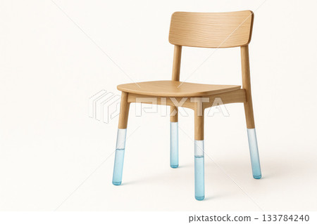 A wooden chair with legs partially filled with water. Space for text. A wooden chair with legs partially filled with water. Space for text. 133784240