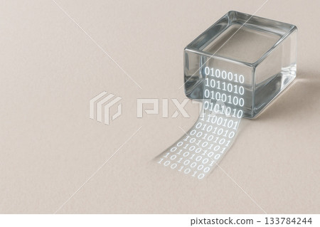 A glass cube with a binary code ribbon. Space for text. A glass cube with a binary code ribbon. Space for text. 133784244