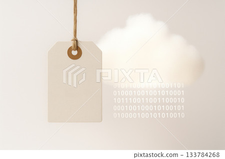 Tag on a string next to the cloud and binary code. Space for text. Tag on a string next to the cloud and binary code. Space for text. 133784268