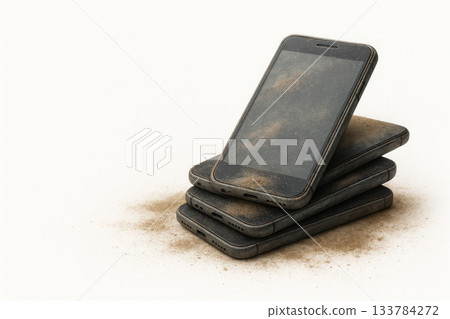 Stack of old dusty smartphones on a sandy surface. Space for text. Stack of old dusty smartphones on a sandy surface. Space for text. 133784272