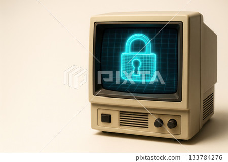 An old retro monitor with a holographic image of the lock on the screen. Space for text. An old retro monitor with a holographic image of the lock on the screen. Space for text. 133784276