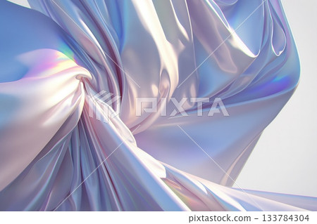 Holographic iridescent satin fabric texture with soft pastel folds 133784304