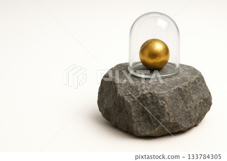 A golden ball under a glass dome on a rough stone. Space for text. A golden ball under a glass dome on a rough stone. Space for text. 133784305