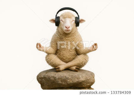 A sheep in headphones meditates in the lotus position on a stone. Space for text. 133784309