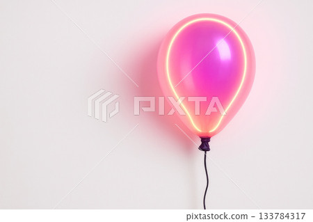Pink glowing neon balloon on a light background. Space for text. 133784317
