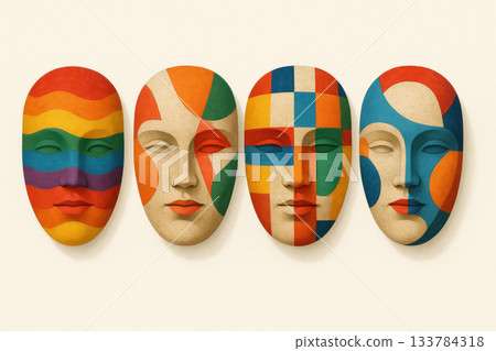 Four decorative masks with bright abstract geometric patterns. Space for text. 133784318