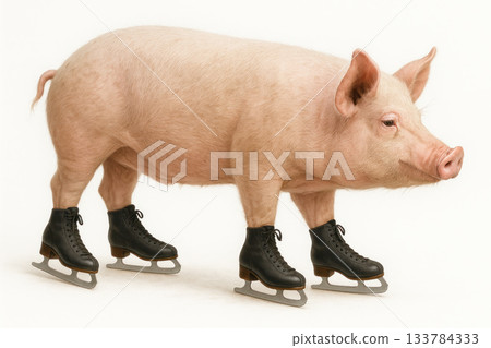A pig in skates stands on a light background. A pig in skates stands on a light background. 133784333