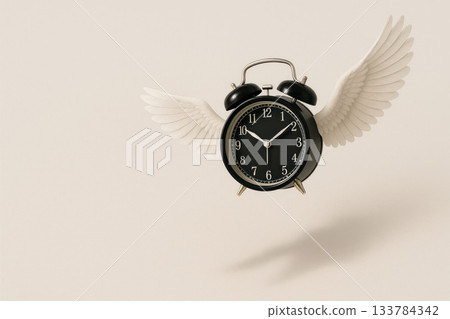 A black alarm clock with white wings, symbolizing running time. Space for text. A black alarm clock with white wings, symbolizing running time. Space for text. 133784342