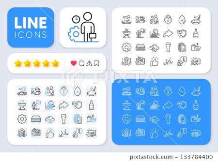 Boat, Employee and Opinion line icons for web app. Message, Share, Like social media icons. Pack of Gps, Shield, Porridge pictogram icons. Mattress, Medical analytics, Search signs. Vector 133784400