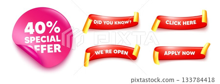 Discount sticker, offer ribbons. Apply now, Did you know. 40 percent discount offer tag. Sale price promo sign. Special offer symbol. Pink sticker tag. Flag ribbon banners. Vector 133784418