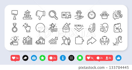 Research, Creative idea and Puzzle line icons pack. Social media: share, comment, like icons. Hold t-shirt, Pets care, Auction hammer web icon. Vector 133784445