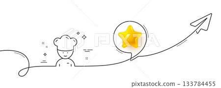 Cooking chef line icon. Continuous line with share plane. Sous-chef sign. Food preparation symbol. 3d star in speech bubble. Cooking chef single line ribbon. Loop curve pattern. Vector Cooking chef line icon. Continuous line with share plane. Sous-chef sign. Food preparation symbol. 3d star in speech bubble. Cooking chef single line ribbon. Loop curve pattern. Vector 133784455