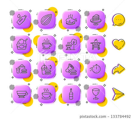Coffee cup, Cappuccino and Fast food line icons. App 3d buttons. Social media comment, share, like icons. Pack of Food delivery, Almond nut, Gas grill icon. Vector 133784492