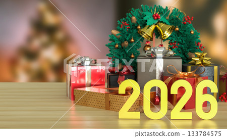 2026 New Year Celebration with Christmas Gifts 3d render. 2026 New Year Celebration with Christmas Gifts 3d render. 133784575