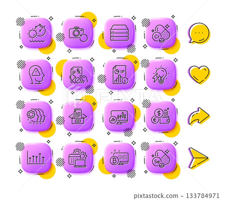 Mental health, Bitcoin system and Candlestick chart line icons. App 3d buttons. Social media comment, share, like icons. Pack of Tanning time, Software, Documents box icon. Vector 133784971