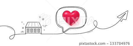Mattress pocket spring line icon. Continuous line with share plane. Orthopedic sprung pad sign. Breathable sleep bed symbol. 3d heart in speech bubble. Mattress single line ribbon. Vector 133784976