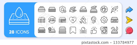 Mattress line icons. Interest rate, AI generate, Inflation icons. Breathable, washable, latex. Memory foam, pillow, bed tick icons. Light weight, natural material, pocket sprung mattress. Vector 133784977