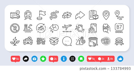 Charging time, Warning and Delivery change line icons pack. Social media: share, comment, like icons. Food delivery, Parking place, Open box web icon. Vector Charging time, Warning and Delivery change line icons pack. Social media: share, comment, like icons. Food delivery, Parking place, Open box web icon. Vector 133784993