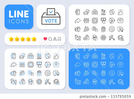 5g technology, Share mail and Package box line icons for web app. Message, Share, Like social media icons. Pack of Group, Verified locker, Online voting pictogram icons. Vector 5g technology, Share mail and Package box line icons for web app. Message, Share, Like social media icons. Pack of Group, Verified locker, Online voting pictogram icons. Vector 133785059