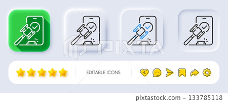 Auction line icon. Neumorphic, Flat shadow, 3d buttons. Bid offer sign. Act hammer deal symbol. Line auction icon. Social media icons. Vector 133785118