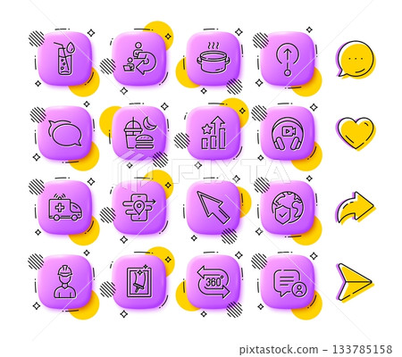 Headphones, Ranking stars and World insurance line icons. App 3d buttons. Social media comment, share, like icons. Pack of Talk bubble, Foreman, Ambulance car icon. Vector 133785158
