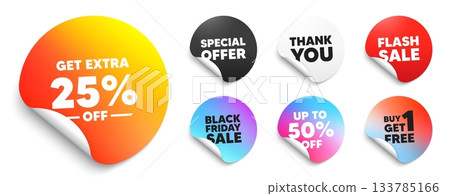 Extra discount sticker tag. Special offer paper price tags. Get Extra 25 percent off Sale. Discount offer price sign. Special offer symbol. Save 25 percentages. Discount, black friday sticker. Vector 133785166