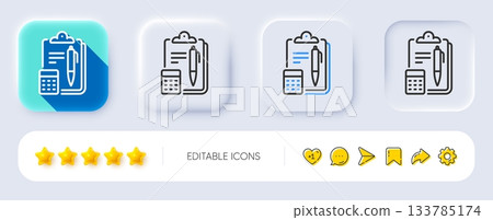 Accounting line icon. Neumorphic, Flat shadow, 3d buttons. Clipboard document sign. Calculate budget symbol. Line accounting icon. Social media icons. Vector 133785174