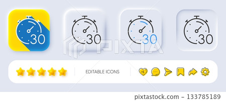 Timer 30 minutes line icon. Neumorphic, Flat shadow, 3d buttons. Stopwatch time sign. Countdown clock symbol. Line timer icon. Social media icons. Vector 133785189