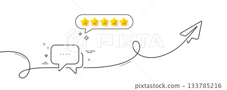 Message line icon. Continuous line with share plane. Chat comment sign. Speech bubble symbol. Five star rate review in speech bubble. Message single line ribbon. Loop curve pattern. Vector Message line icon. Continuous line with share plane. Chat comment sign. Speech bubble symbol. Five star rate review in speech bubble. Message single line ribbon. Loop curve pattern. Vector 133785216