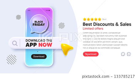 Black friday mobile phone banner. App chat speech bubble. Black Friday Sale. Special offer price sign. Advertising Discounts symbol. Phone template with search bar. Download the app now. Vector Black friday mobile phone banner. App chat speech bubble. Black Friday Sale. Special offer price sign. Advertising Discounts symbol. Phone template with search bar. Download the app now. Vector 133785217