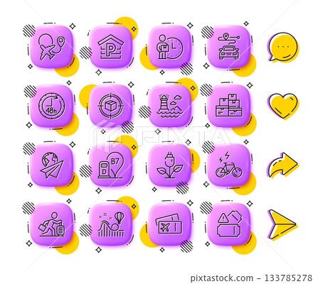 Wholesale goods, Boarding pass and Journey line icons. App 3d buttons. Social media comment, share, like icons. Pack of Eco power, Delivery man, Parking icon. Vector 133785278