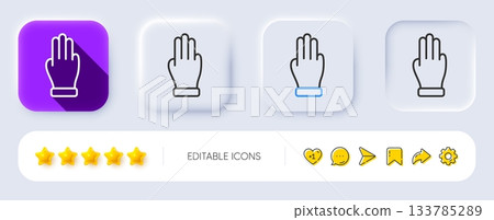 Three fingers hand line icon. Neumorphic, Flat shadow, 3d buttons. Click palm sign. Gesture symbol. Line three fingers icon. Social media icons. Vector 133785289