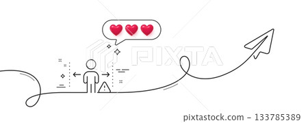 Social distance line icon. Continuous line with share plane. People isolation sign. Prevention rules symbol. Hearts rate review in speech bubble. Social distance single line ribbon. Vector Social distance line icon. Continuous line with share plane. People isolation sign. Prevention rules symbol. Hearts rate review in speech bubble. Social distance single line ribbon. Vector 133785389