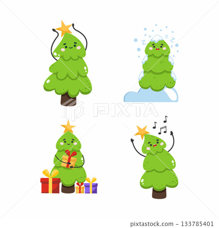 Fun and festive cartoon Christmas trees celebrating the holiday season in various joyful activities 133785401