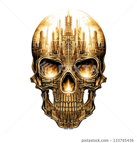 Wall Art Clipart Epic Golden Biker Skull with Ancient Ruins and Fire Explosions Background 133785436