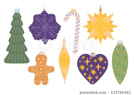 Christmas tree baubles set in different forms, festive decor simple hand drawn vector illustration for winter holidays seasonal colorful decor such as greeting card, invitation, sticker 133785481