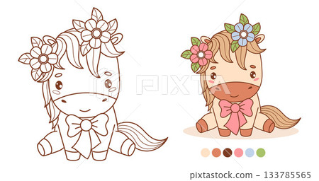 Little Cartoon Horse Girl with Bow, Flower Wreath. Cute Holiday Pony Kawaii Animal Character. Isolated Outline and Color drawing. Coloring Book. Kids collection. Vector illustration. Not AI 133785565