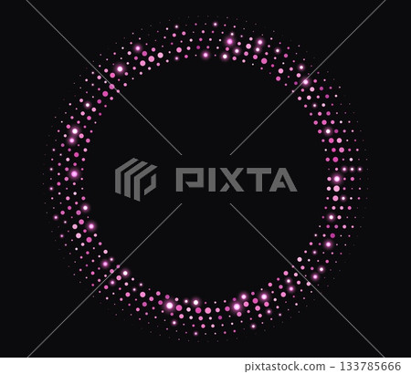 Pink halftone frame, glowing circle borders, round pattern with dots, radial disco luxury design element. Pink halftone frame, glowing circle borders, round pattern with dots, radial disco luxury design element. 133785666