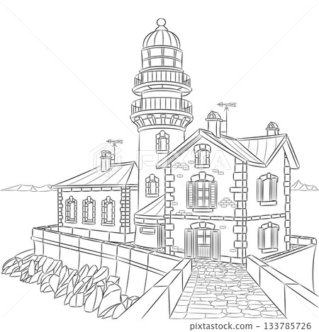 Old stone lighthouse with attached coastal keeper house 133785726