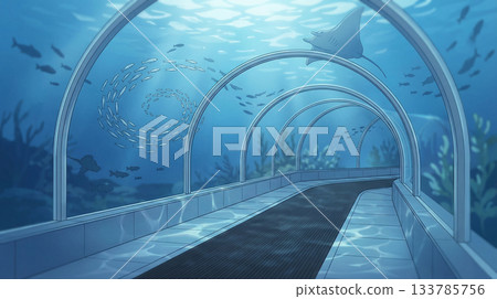水族館拱形隧道景觀插圖，展現了奇妙的水下燈光和魚群。 133785756