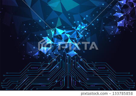 Blue digital AI network abstract with glow triangles and circuits, futuristic data technology vector Blue digital AI network abstract with glow triangles and circuits, futuristic data technology vector 133785858