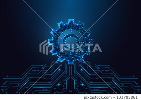 Futuristic AI Gear Icon with Glowing Low Poly Wireframe and Circuit Board Connections on Dark Blue 133785861