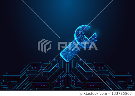 Polygonal glowing wrench over digital circuit lines, technology repair and innovation concept vector 133785863
