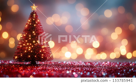 一張閃閃發光的聖誕樹背景圖片，上麵點綴著紅色和金色的燈光。 133785941