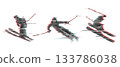 Skiers in motion with glitch visual effect. Snow sports concept. Dynamic poses of skiers. Action winter scene. Sport. Isolated 133786038