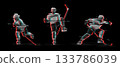 Isolated hockey athletes with glitch effect and digital distortion. Hockey players in action on a black background. Fast motion, ice sport action, modern visual design 133786039