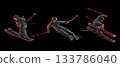 Glitch. Skiers with futuristic glitch effect. Dynamic poses of skiers. Athletes in action on a black background. Dynamic effect in sports 133786040