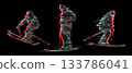 Glitch. Dynamic poses of skiers. Athletes in action on a black background. Skiers with futuristic glitch effect. Cyberpunk style skiing 133786041